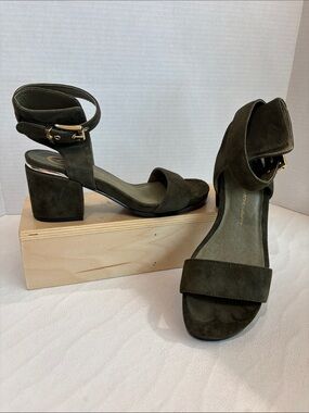 Women's Olive Suede Block Heel Sandals with Ankle Strap